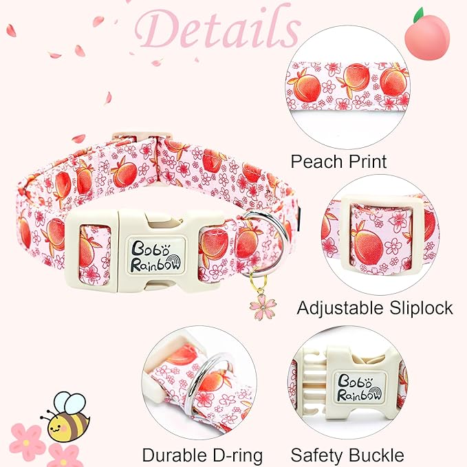 Dog Collar-Cute Pink Peach Print Adjustable Pet Collars Spring Comfortable Cotton Puppy Collar Gift for Medium Dogs