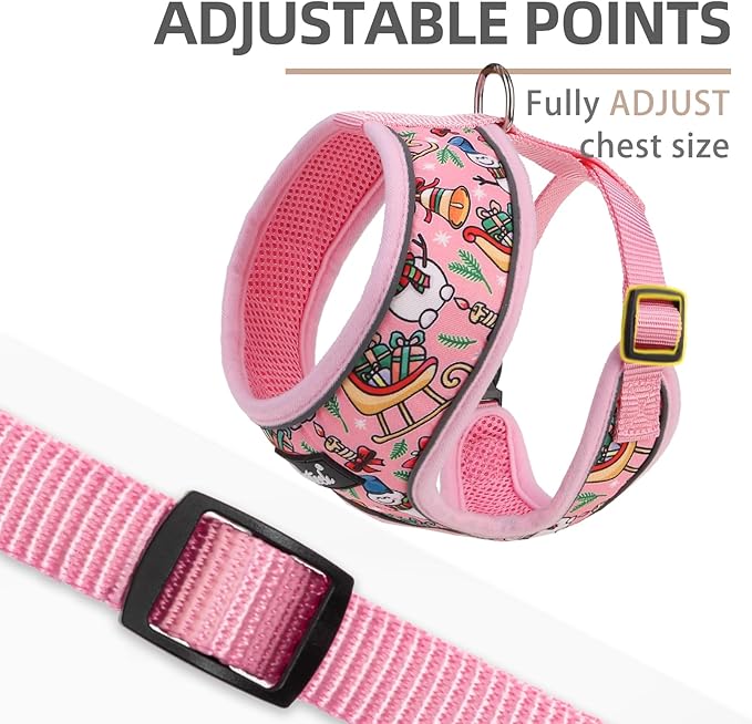 PUPTECK Soft Mesh Christmas Dog Harness and Leash Set Pet Puppy Cat Comfort Padded Vest No Pull Harnesses, Bright Pink, S