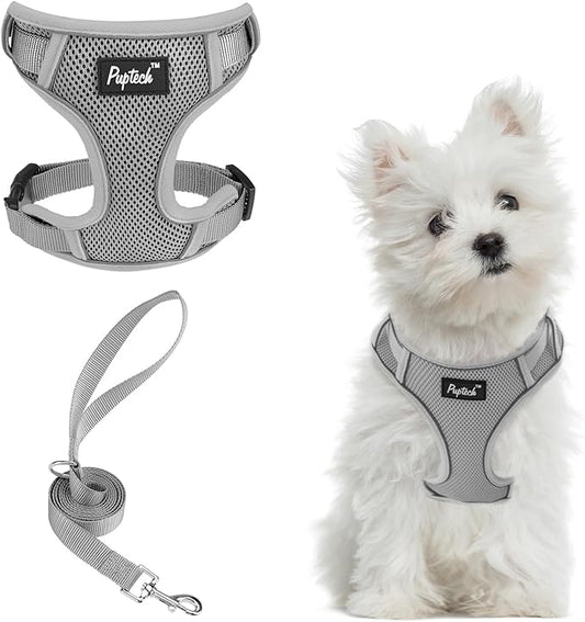 PUPTECK Small Dog Harness and Leash Set, No Pull Adjustable Puppy Cat Harness, Reflective Soft Mesh Pet Vest Small Sized, Grey, S