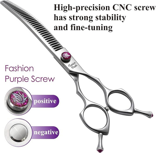 Fenice Peak 7.5‘’ Curved Chunker Dog Grooming Scissors with Purple Flashing Screw Professional 440C Stainless Steel Natural Color Pet Trimming Shears with Offset Handle Durable and Sharp