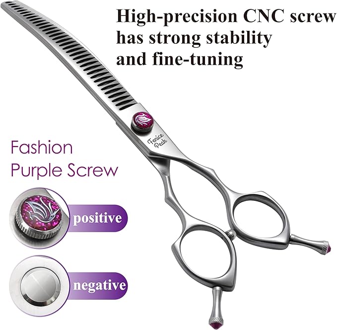 Fenice Peak 8.0‘’ Curved Chunker Dog Grooming Scissors with Purple Flashing Screw Professional 440C Stainless Steel Natural Color Pet Trimming Shears with Offset Handle Durable and Sharp