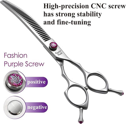 Fenice Peak 8.0‘’ Curved Chunker Dog Grooming Scissors with Purple Flashing Screw Professional 440C Stainless Steel Natural Color Pet Trimming Shears with Offset Handle Durable and Sharp