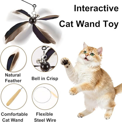 ottmat Cat Wand Toys Interactive for Indoor Cats, 4PC 4-Blade Feather Propeller Refills, 1PC Cat Wand 30'' Flexible Steel Wire Cat Teaser with Sturdy Wood Handle for Kittens & Adult Cats(Classic)