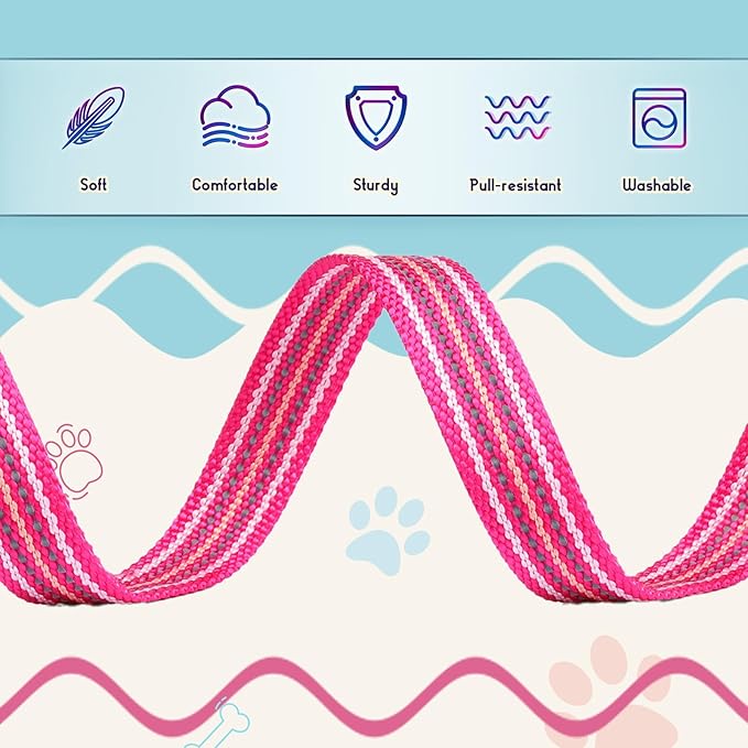 Reflective Dog Collar and Leash Set, Nylon Dog Leash with Heavy-Duty Steel D-Ring, Adjustable with Quick Release Buckle for Medium Dogs, Hot Pink M