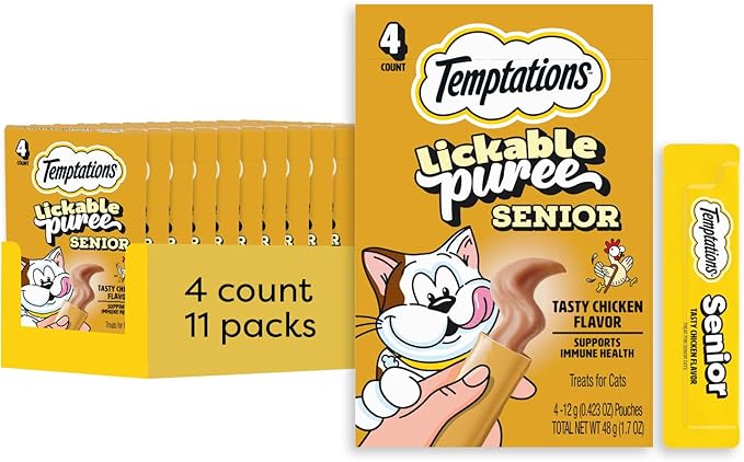 Temptations Puree Senior Cat Treats Lickable, Tasty Chicken Flavor, 4 Pouches (Pack of 11)