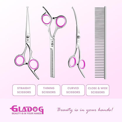 GLADOG Professional 5 in 1 Dog & Cat Grooming Scissors Set with Safety Round Tips, Sharp and Heavy-duty Pet Grooming Shears for Cats (Red)