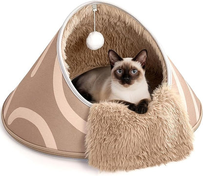 BurgeonNest 20-Inch Round Cat Bed Cave, Enclosed Hooded Pet Bed for Indoor Cats, Cozy Anti-Collapse Cave with Soft Plush, Waterproof EVA Shell, Fully Washable, Shape Retention, Brown