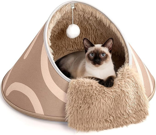 BurgeonNest 20-Inch Round Cat Bed Cave, Enclosed Hooded Pet Bed for Indoor Cats, Cozy Anti-Collapse Cave with Soft Plush, Waterproof EVA Shell, Fully Washable, Shape Retention, Brown