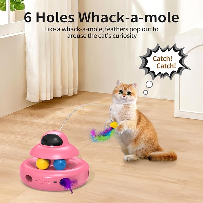 MOHAYA Automatic Cat Toys,4-in-1 InteractiveCat Toys for Bored Indoor Adult Cats, Electric Flying Butterfly,Rechargeable Moving Ambush Feather,Pink Kitter Toy Track Balls