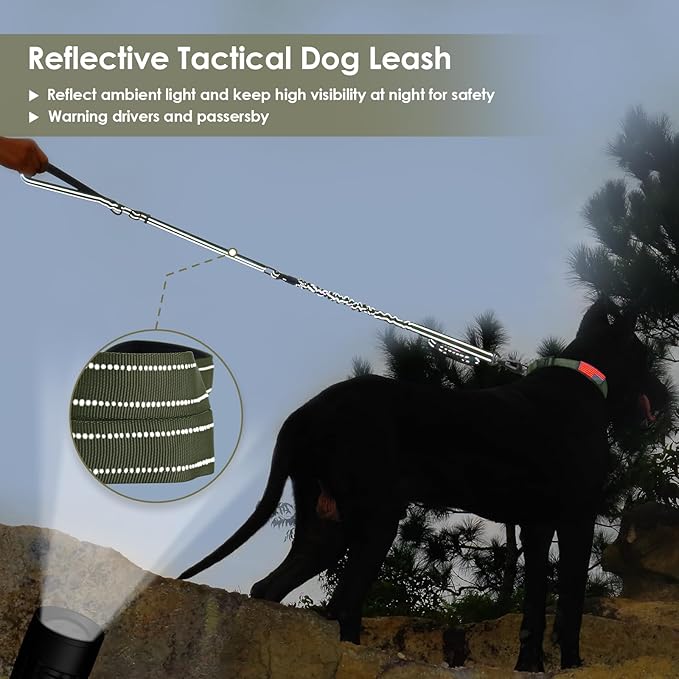 AUBELL Tactical Dog Leash Heavy Duty,4-6ft Reflective Strong No Pull Bungee Leash for Small Dogs with Comfortable Padded Double Handle,Car Seat Belt,360 Degree Rotating Carabiner,Green