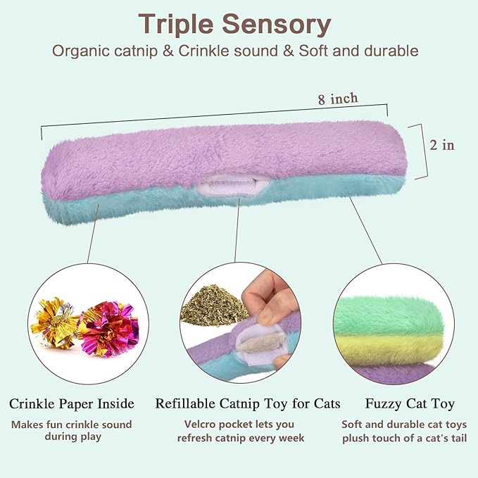 Retro Shaw Refillable Cat Toys 3Pcs with Natural Catnip and Crinkle Sound, Interactive Soft Pillow Kicker Toys for Boredom Relief & Safe Teeth Cleaning, Fun for Indoor Cats Kittens