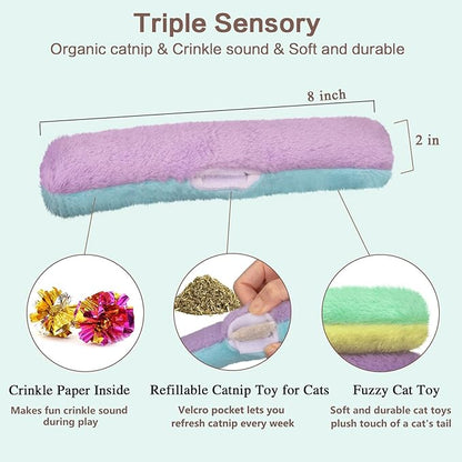 Retro Shaw Refillable Cat Toys 3Pcs with Natural Catnip and Crinkle Sound, Interactive Soft Pillow Kicker Toys for Boredom Relief & Safe Teeth Cleaning, Fun for Indoor Cats Kittens