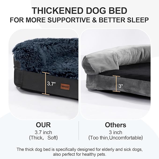 iweepet Black Dog Beds for Large Dog, 41" x 32.6" x 7.7", Removable and Washable Cover, Raised Reboundable Edges, Non Slip Bottom, Warm Plush, Orthopedic Oval Memory Foam Pet Bedding, Indoor