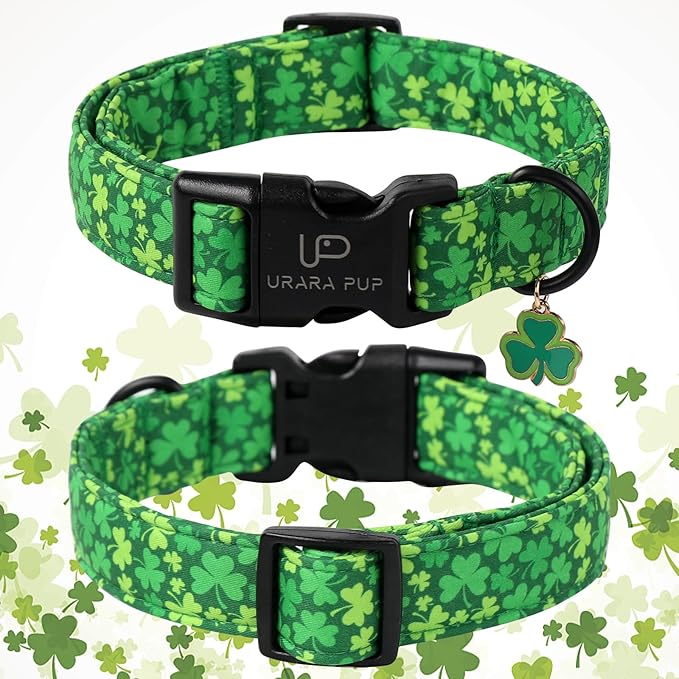 St. Patrick's Dog Collar, Lucky Clover Pet Collar with Quick Release, Comfortable Adjustable Shamrock Puppy Collar for Small Medium & Large Dogs