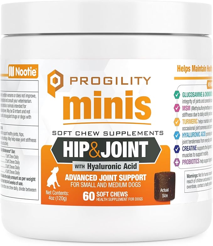 Progility Mini Hip & Joint Supplement for Small to Medium Dogs – Daily Mobility & Joint Support with Glucosamine, Chondroitin & MSM, Soft Chews (60 Count)