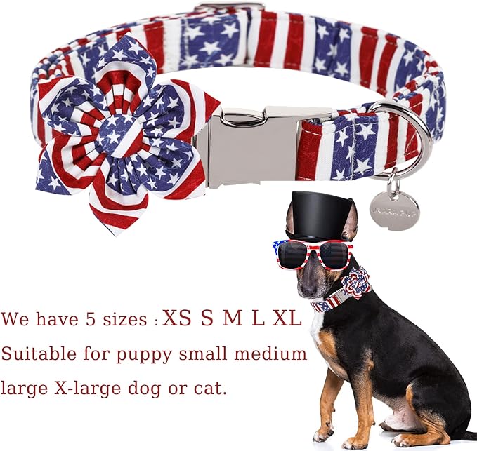 UP URARA PUP Dog Collar with Flower, 4th of July Comfortable Cotton Dog Collar, American Flag Collar for Small Girl Dog, Patriotic Flower Collar with Metal Buckle, S