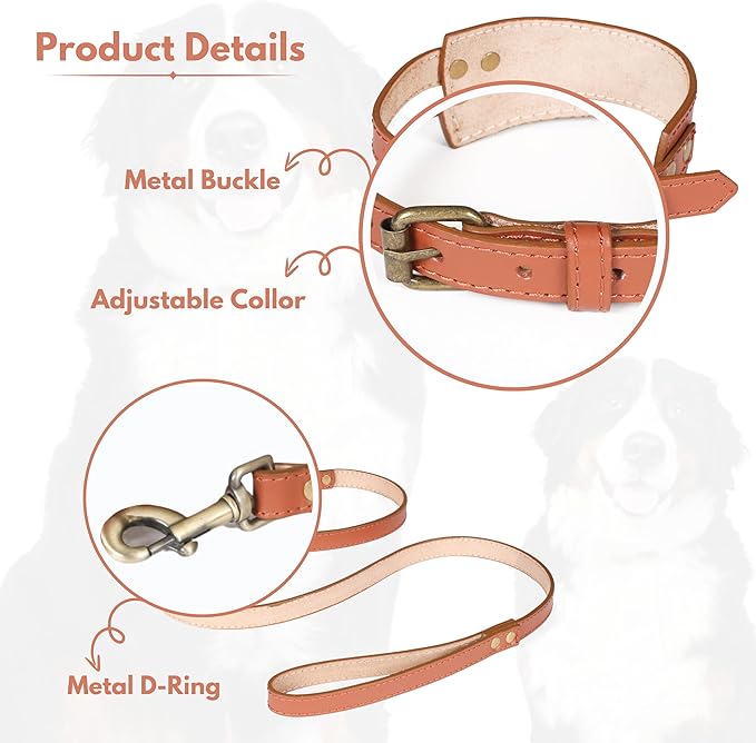 Lightnpro Tan Leather Dog Collar & Leash Set - 18" Adjustable Leather Nylon Collar with Metal Buckle & 50" Durable Lead - Comfortable, Stylish Combo for German Shepherds,Bernards & Other Large Breeds