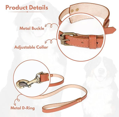 Lightnpro Tan Leather Dog Collar & Leash Set - 18" Adjustable Leather Nylon Collar with Metal Buckle & 50" Durable Lead - Comfortable, Stylish Combo for German Shepherds,Bernards & Other Large Breeds