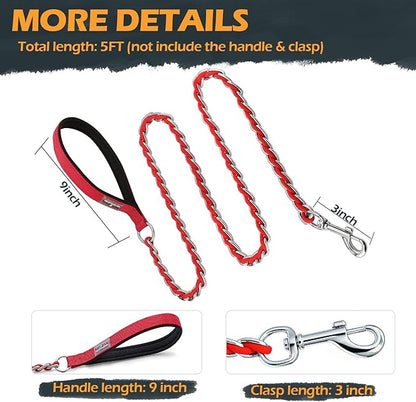 Chew Proof Metal Leash Chain Dog Leash for Medium Large Dogs, Chain Link Anti Chew 5.2FT Strong Anti Bite Comfortable Soft Padded Handle red