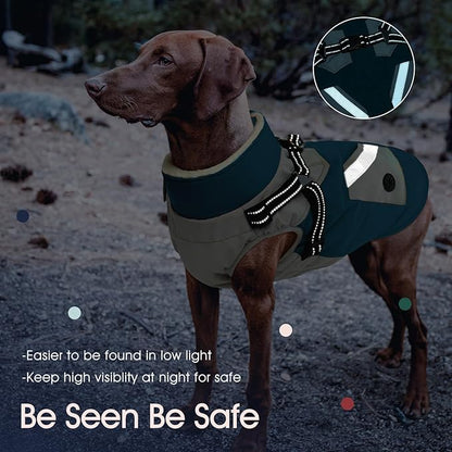 IECOii Dog Winter Coat with Harness Built in, Waterproof Windproof Dog Coats for Large Dogs, Thermal Fleece Cold Weather Jackets with Zip, Outdoor Warm Snow Jacket Reflective, Turquoise Green, XXXL