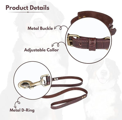 Lightnpro Genuine Leather Dog Collar & Leash Set - Adjustable 18" Collar with Metal Buckle & Reinforced Nylon Leash - Durable Walking & Training Gear for Large Breeds