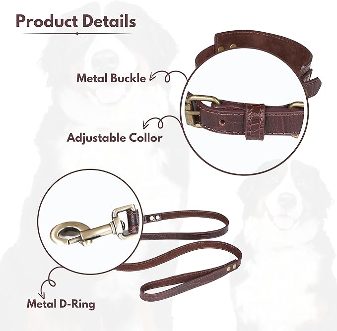 Lightnpro Genuine Leather Dog Collar & Leash Set - Adjustable 18" Premium Leather Collar with Sturdy Metal Buckle & Matching 50" Lead - Durable, Comfortable Walking & Training Gear for Large Breeds