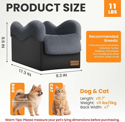 Mavora Max Portable Small Dog Seat for Car, Luxury Center Console Dog Car Seat Booster with Safety Tethers, Anti-Collapse Pet Travel Carseat for SUV, Truck (Black/Grey)