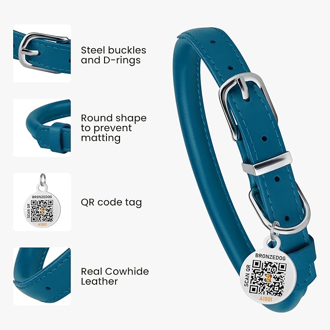 BRONZEDOG Rolled Leather Dog Collar for Small Medium Large Dogs with QR ID Tag (M: 14-16 Inch, Ocean Blue)