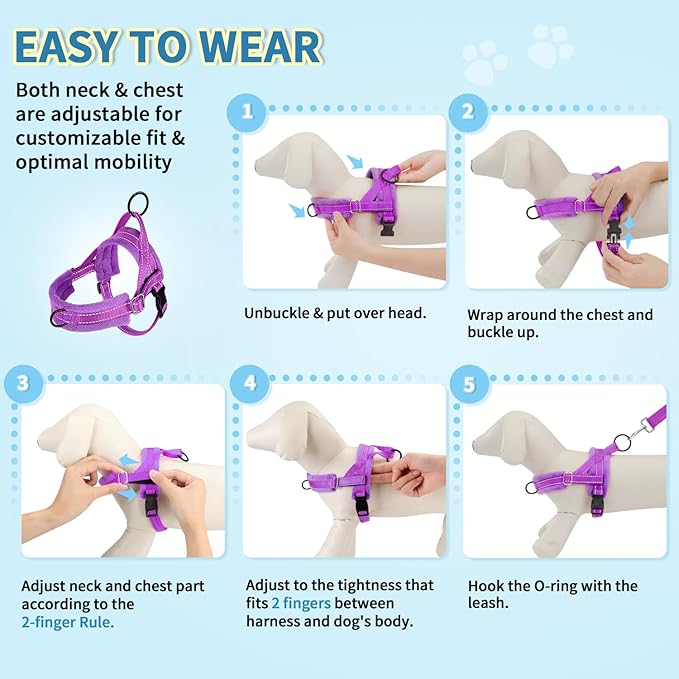 Lukovee No Pull Dog Harness and Leash Set, Soft Padded Small Dog Harness, Neck & Chest Adjustable Reflective Vest Puppy Harness with 4ft Lightweight Anti-Twist Dog Leash for Small Dogs (Purple, L)
