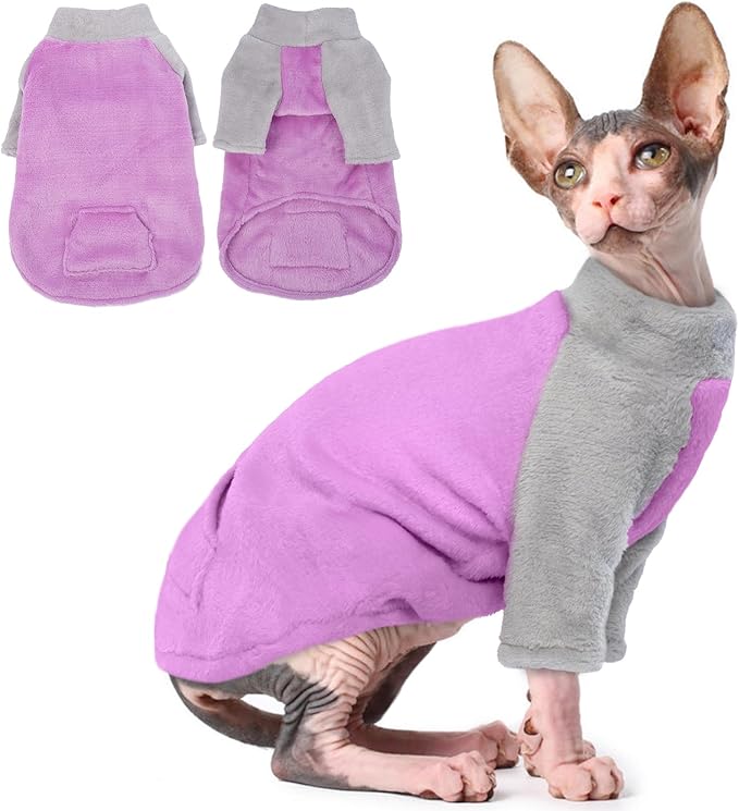 T'CHAQUE Sphynx Cat Clothes, Soft Fleece Winter Sweaters for Hairless Cats, Warm Pajama Jumpsuit with Sleeves and Hoodie, Cozy Pullover Outfit for Kittens
