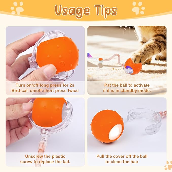 Interactive Automatic Cat Toy Ball with Chirping, 2 Tails & 2 Speeds - USB Rechargeable，Motion Activated Self Play Toy with Random Movement for Bored Indoor Cats, Kitten & Adult Cat Entertainment