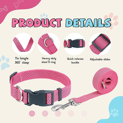 Reflective Dog Collar and Leash Set, Nylon Dog Leash with Heavy-Duty Steel D-Ring, Adjustable with Quick Release Buckle for Small Dogs, Pink S