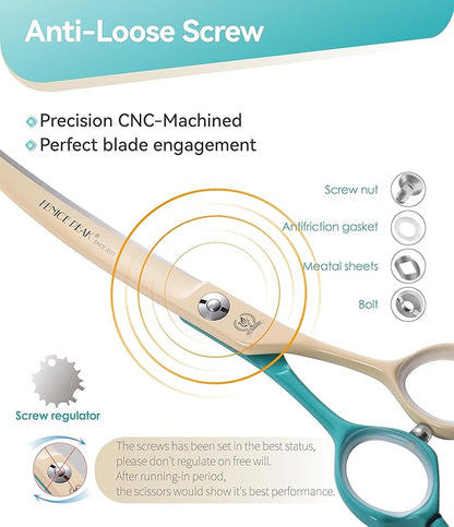 Fenice Peak Curved Dog Grooming Scissors with Coating 440C Stainless Steel, 7 inch Professional Curved Shears Dog Grooming，25 Degree of Curved Blade，Pet Shear for Trimming Face and Paws, Green & White