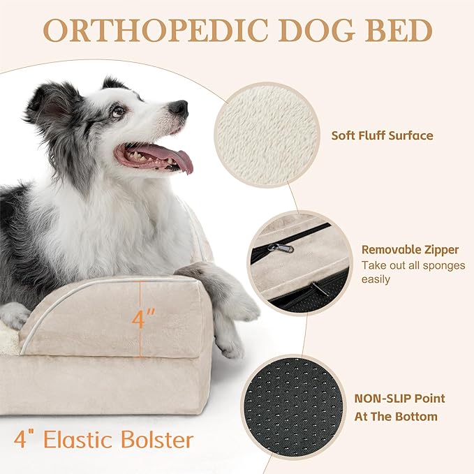 Comfort Expression Orthopedic Dog Bed for Medium Dogs 30x20 Inch, Waterproof Supportive Egg Crate Foam Medium Pet Bed with Removable Bolsters, Dog Couch with Washable Cover & Non-Slip Bottom, Beige