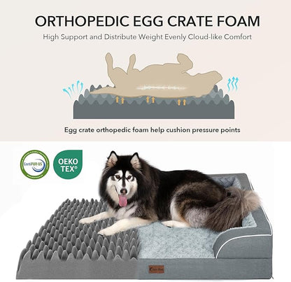 Casa Paw Orthopedic XXL Dog Beds, Waterproof Memory Foam Big Bolster Pet Bed for Extra Large Sized Dogs 53x42Inch, Non-Slip Bottom and Egg-Crate Foam Dog Couch Bed with Washable Removable Cover, Grey