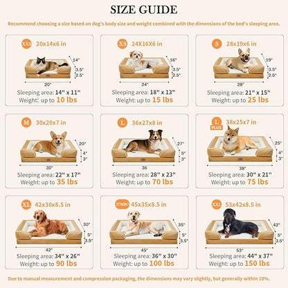 Comfort Expression Orthopedic Dog Bed for Large Dogs 36x27 Inch, Waterproof Supportive Egg Crate Foam Large Pet Bed with Removable Bolsters, Dog Couch with Washable Cover & Non-Slip Bottom, Caramel