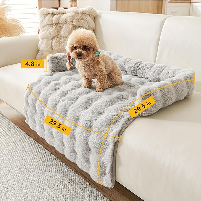 Calming Dog Bed for Couch, 29.5 x 29.5 inch, Non-Slip Rabbit-Velvet Dog Sofa Mat for Furniture Protector, Perfect for Small, Medium Dogs and Cats (Light Gray)
