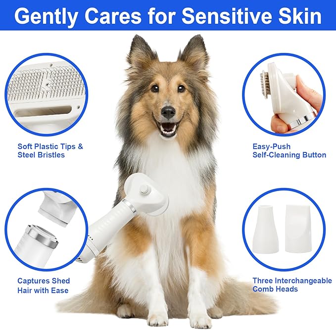 3-in-1 Pet Hair Dryer Brush for Dogs & Cats – Portable Blower & Slicker Brush, Adjustable Temperature, Overheat Protection