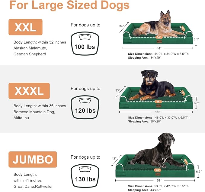 Large Dog Bed Orthopedic Washable: Jumbo Dog Bed Bolster Extra Large Dogs Egg Crate Foam Sofa Couch Waterproof Removable Cover - Emerald