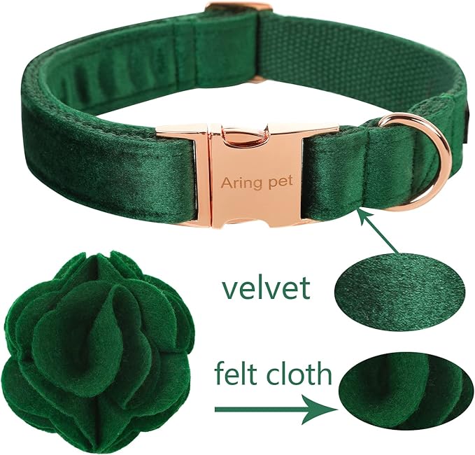 ARING PET Velvet Dog Collars, Dark Green Soft Pet Collar with Detachable Felt Flower Metal Buckle for Puppy Small Medium Large Boy Girl Dogs-M