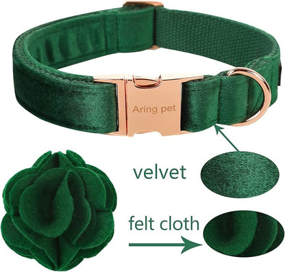 ARING PET Velvet Dog Collars, Dark Green Soft Pet Collar with Detachable Felt Flower Metal Buckle for Puppy Small Medium Large Boy Girl Dogs-XL