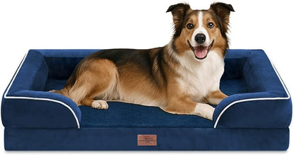Comfort Expression Orthopedic Dog Bed for Large Dogs 38x25 Inch, Waterproof Supportive Egg Crate Foam Large Pet Bed with Removable Bolsters, Dog Couch with Washable Cover & Non-Slip Bottom, Navy Blue