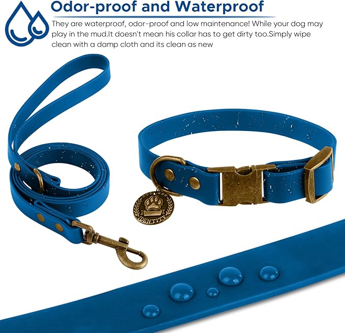 Wisedog Dog Collar and Leash Set, Waterproof Adjustable Puppy Collars with Cute Tag 4FT Dog Leash with Poop Bag for Small Medium Large Dogs (S, Blue)