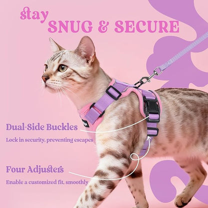 rabbitgoo Cat Harness and Leash for Walking, Escape Proof Soft Adjustable Vest Harnesses for Cats, Easy Control Breathable Reflective Strips Jacket, Pink & Purple, M