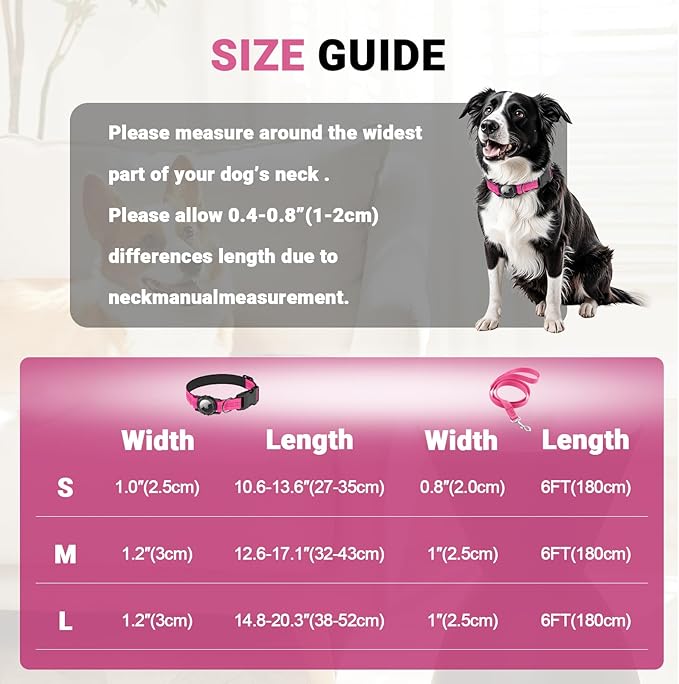 HDDTTZ AirTag Dog Collar and Leash, IP68 Waterproof Integrated with Reflective, Ultra-Durable, Comfortable Padded, Heavy Duty Dog Collars for Small Medium Large Dogs, S (10.6"-13.6"), Pink