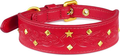 Blueberry Pet Premium Embossed Red Glam Silver-Powered Freshness Microfiber Leather Dog Collar with Gold Studs