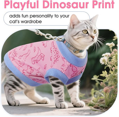 DENTRUN Sleeveless Cat Vest with Dinosaur Print, Breathable Ultra-Soft Dralon Fleece Cat Sweater, All-Season Pet Costume Apparel for Cats, Kitten Clothing for Indoor/Outdoor, Pink, L
