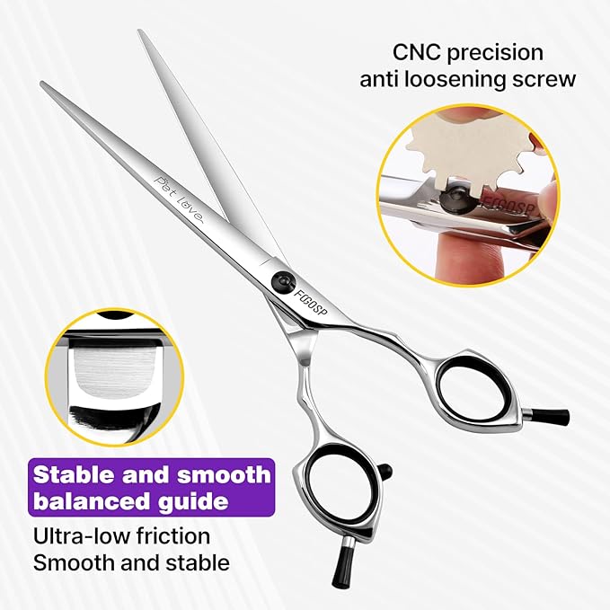 Straight Dog Grooming Scissors at Home 7 in Professional Dog Hair Scissor Japan 440C Trimming Dogs Pomeranian Pet Cat Shears Symmetric Handle Smooth Cutting Body Leg Hairs(7.0)