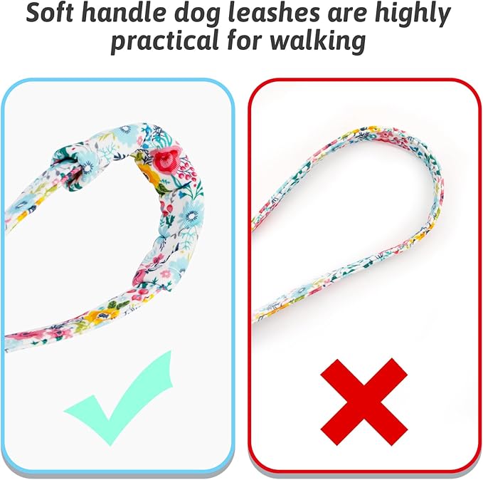 Dog Collar and Leash Set Girls Adjustable Puppy Collars with Floral Bow Tie for Small Medium Large Female Dogs, Teal Flower, L