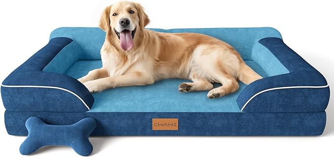 CWAWZ Extra Large Dog Bed, Orthopedic Dog Bed with Cooling Gel Memory Foam, Waterproof XL Pet Bed with Removable Washable Cover, 42" Pet Sofa Couch Dutch Velvet with Bone Toy, Navy Blue